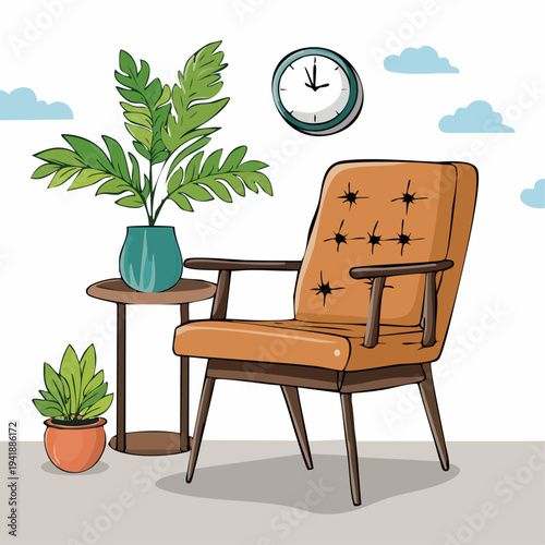 Brown Armchair with Potted Plant.