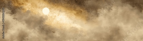 An artistic depiction of a sun partially obscured by thick, textured clouds, a moody, atmospheric sky with earthy brown and beige tones, world crisis, blurred background
