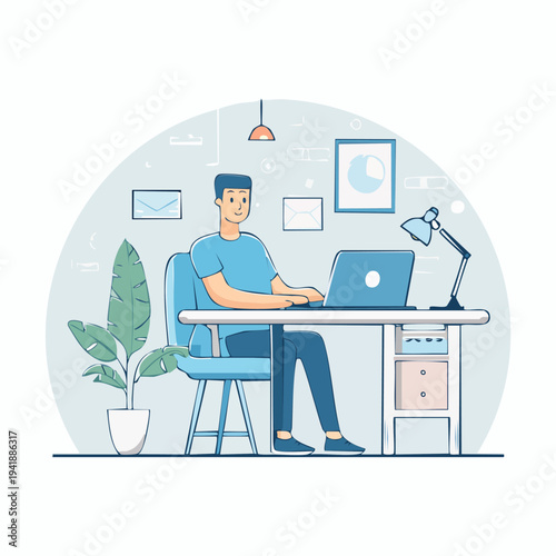 Man working on laptop at desk.