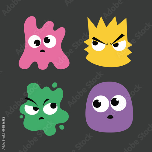 Set of four diverse cartoon monsters with funny expressions: angry, surprised, and mischievous