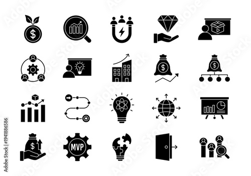 Business Startup Pitch Deck Icons Showing Investment Growth Strategy And Innovation Concepts