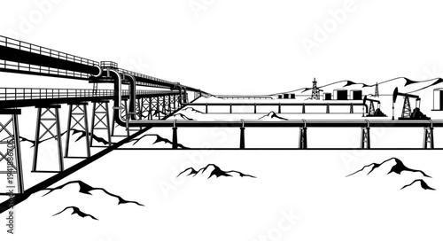 Industrial conveyor belt system transporting materials across a bridge.