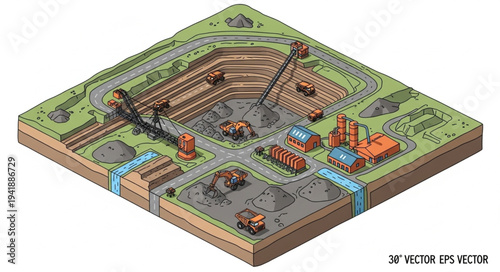 3D Isometric Vector Illustration of an Industrial Site with Various Machinery and Equipment.