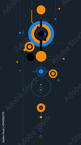 Abstract geometric composition with circles and lines on dark background