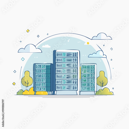 Modern Office Buildings with Trees and Clouds.