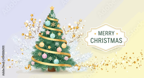 Decorated Christmas Tree with Elegant Gold Ribbon & Ornaments