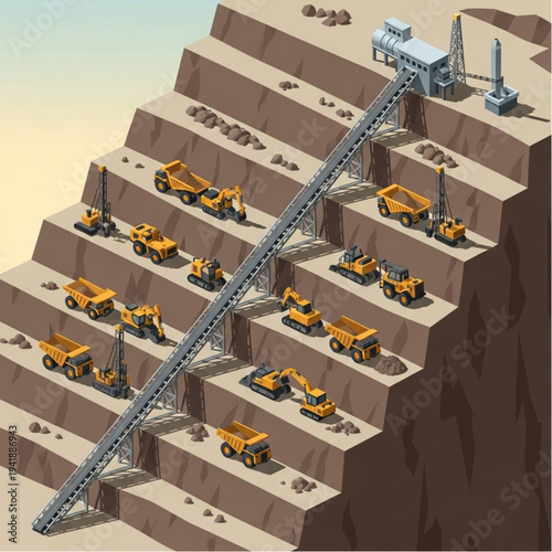Open pit mine with conveyor belt and heavy machinery.