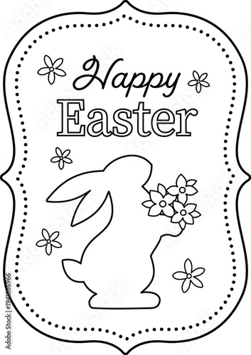 Cute Easter Bunny Holding Flowers Coloring Page.
Easter Bunny Greeting Card Coloring Template.
Adorable Easter Rabbit with Flowers Outline Illustration. SVG.