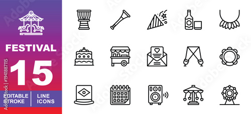 Festival and Event Celebration Icons. Editable stroke icons for carnivals and parties. Featuring drums, trumpets, confetti, cakes, food stalls, invitation cards, speakers, and amusement park symbols