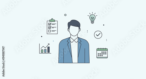 Vector illustration of business man with office icons
