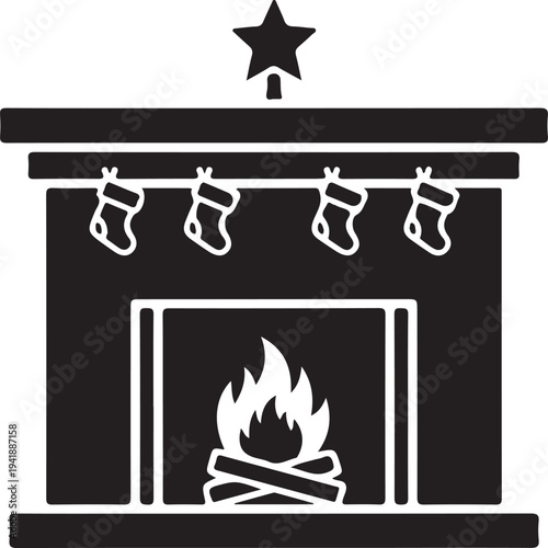 Christmas fireplace with stockings and burning fire isolated on transparent background