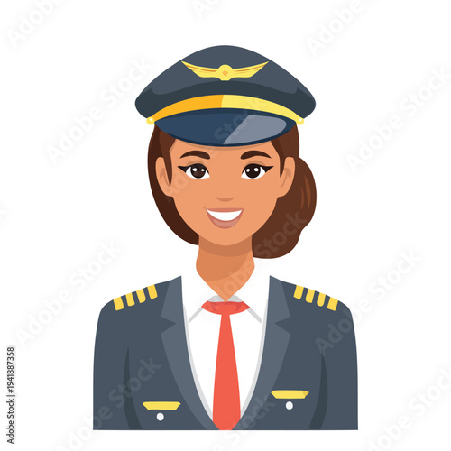 Smiling female pilot in uniform portrait isolated on white background