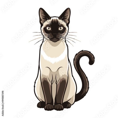 Cute cartoon illustration of a siamese cat sitting and looking forward