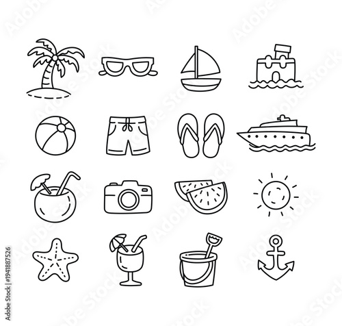 Summer Beach Vacation Icon Set. Palm Tree, Sunglasses, Boat, Flip Flops, Sun, Camera. Ocean Line Icons