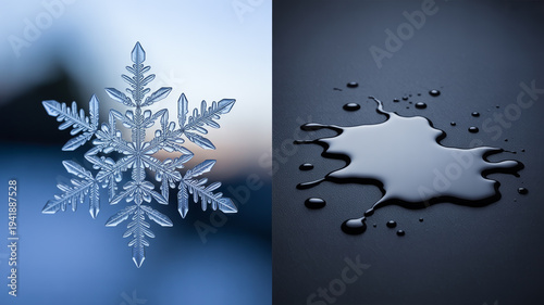 Frozen Snowflake Crystal Macro vs Melting Water Puddle Nature Change Concept