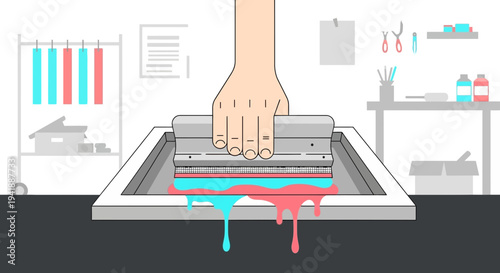 Hand Silkscreen Printing Process with Colorful Ink and Workspace