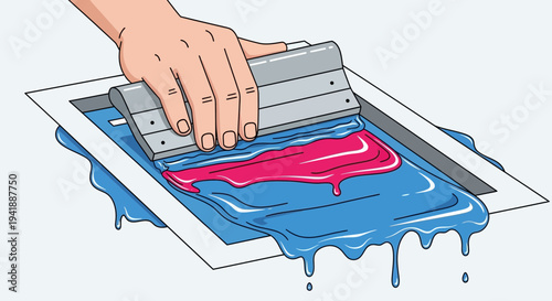 Hand Silkscreen Printing Process with Ink Squeegee on Screen