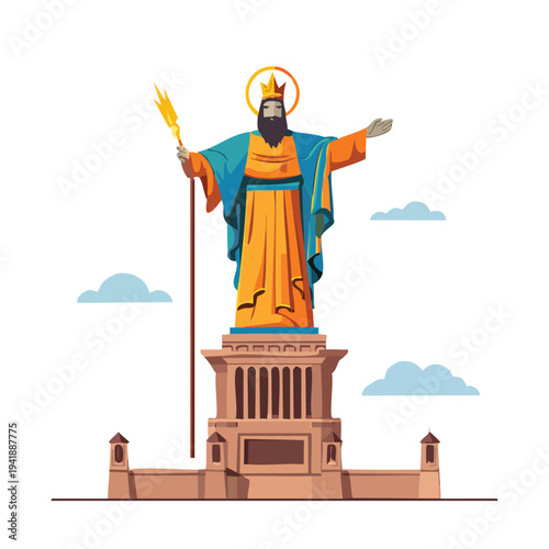 Stylized statue of a bearded figure holding a staff and crown