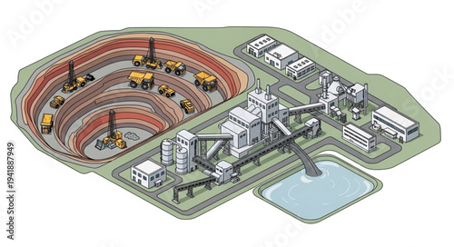 Industrial site with mining operations and processing facilities.