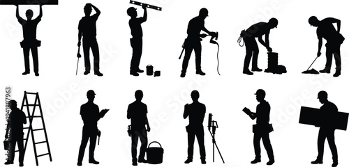 Silhouettes of construction workers performing diverse tasks with tools, ladders, beams, and surveying equipment, representing industrial labor activities in building, maintenance