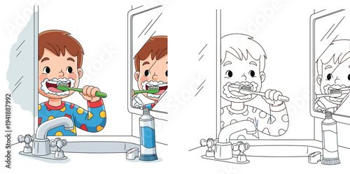 Cute Cartoon Kid Brushing Teeth: Boy Practicing Oral Hygiene in Bathroom