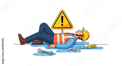 A cartoon construction worker in a hard hat and safety vest lies injured on a light blue puddle near a warning sign and tools.