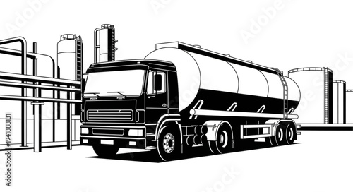 Black and white tanker truck parked near industrial tanks.
