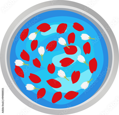 Silver Water Bowl with Red Petals Isolated Festival Element