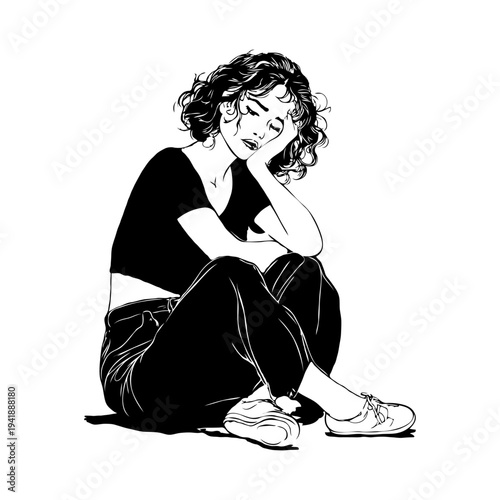 Woman with curly hair sitting tiredly on floor, monochrome sketch style, white background, concept of fatigue and emotion
