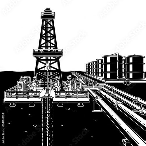 Offshore oil rig with pipelines and storage tanks.
