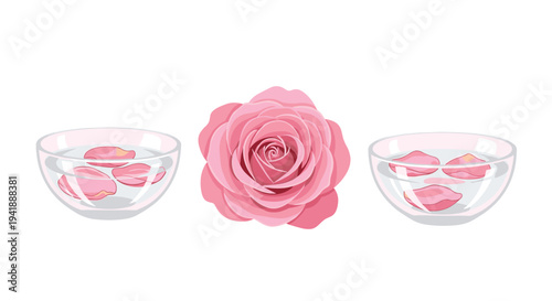 Two clear glass bowls with pink rose petals in water flank a large, solitary pink rose without leaves on a white surface.