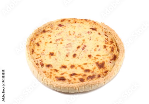 Wallpaper Mural Quiche Lorraine, savoury French tart with a filling of cream, eggs, and bacon in a pastry case. White background, copy space. Torontodigital.ca
