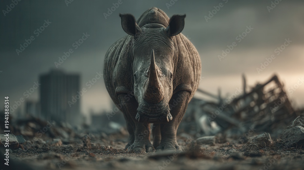 Fototapeta premium Rhino standing confidently in front of a steel wall, symbolizing strength and resilience against obstacles.
