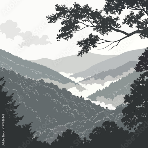 Grayscale of natural forested mountains with curved ridges and tree silhouettes