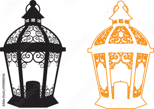 Ornate lantern silhouettes with intricate designs and candle inside isolated on transparent background