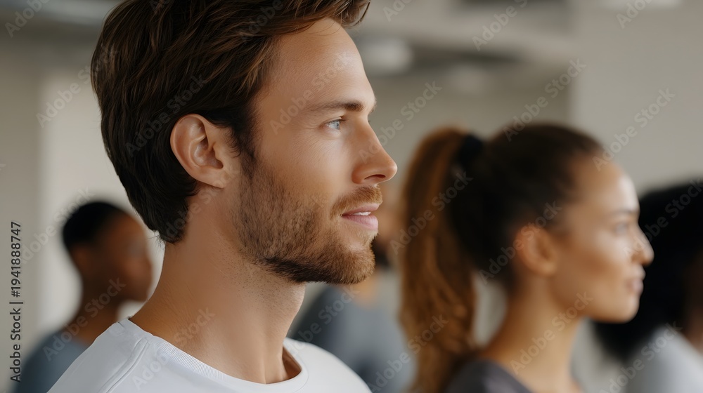 Obraz premium Close up profile of a man attentively looking forward with a diverse group in a softly lit indoor setting
