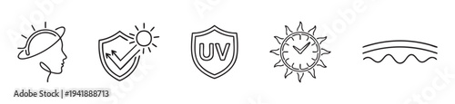 UV protection and sun safety line art icons for skin barrier infographic and solar exposure monitoring on a transparent background.