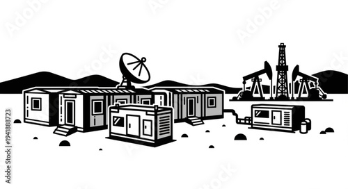 Futuristic modular homes with satellite dish and industrial background.