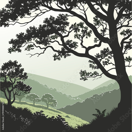 Large tree on green hillside with smaller trees landscape