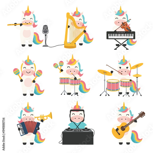 Unicorns playing musical instruments, magical band performance illustration set