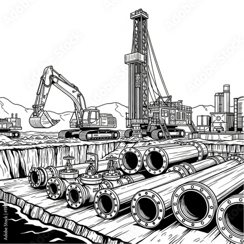 Industrial construction site with pipes and heavy machinery.