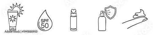 Sunscreen cosmetic line art icons set with SPF 50 drop lotion spray and lip balm for skincare branding on a transparent background.