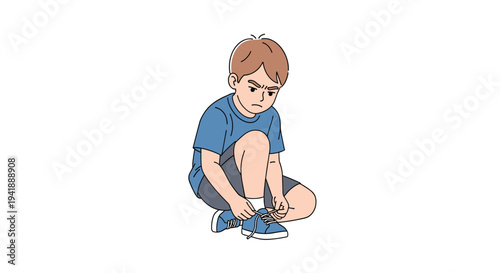 A young cartoon boy with light brown hair and a blue shirt is intensely tying the laces of his blue sneakers while crouching on a clean white background.