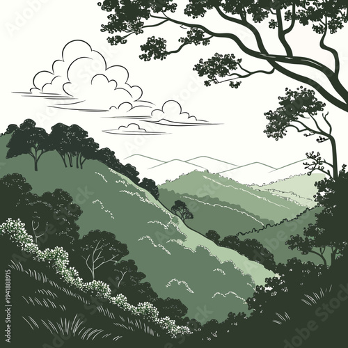 Green hillside landscape with trees and clouds mountains