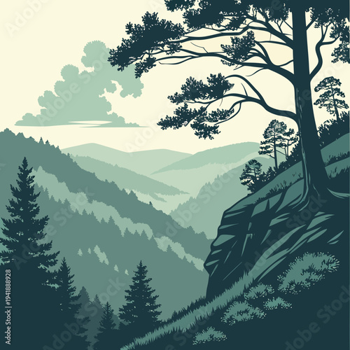 Green mountain landscape with tree on cliff nature