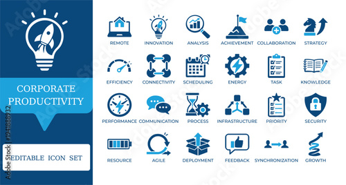 Corporate Productivity and Business Management Icons. Featuring remote work, agile process, goal achievement, and time management symbols. Editable vector set for professional reports