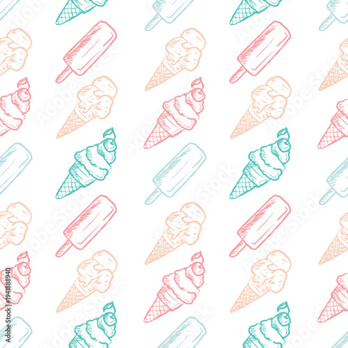 Hand drawn colorful ice cream and popsicle seamless pattern. Summer dessert packaging design, print textiles. Hand drawn vector sketch illustration in vintage doodle crayon charcoal style