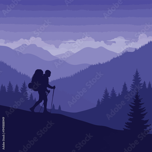 Silhouette of hiker with backpack trekking uphill through purple mountains and pine trees at dusk
