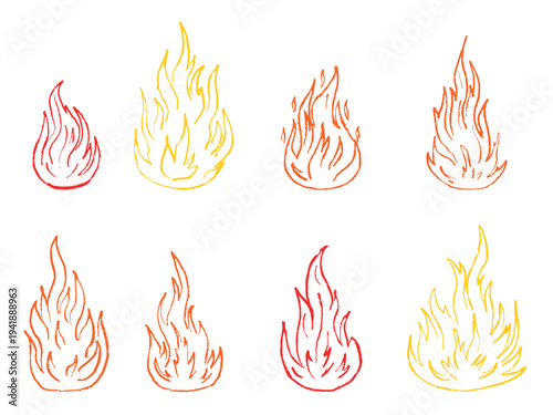 Grunge crayon fire flame collection. Vector sketch hand drawn ink illustration of dangerous natural condition. Charcoal chalk doodle drawing style. Scrapbooking elements