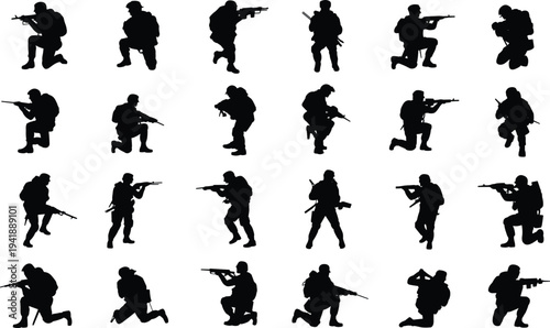 Set of armed soldier silhouettes in combat poses including standing, kneeling, crouching, and aiming with rifles and backpacks for military tactical illustration design